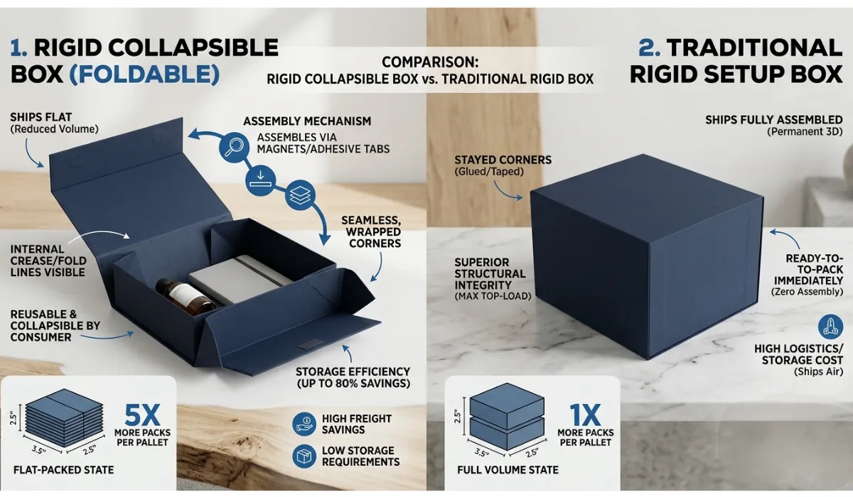 Rigid collapsible box compared with a traditional rigid setup box