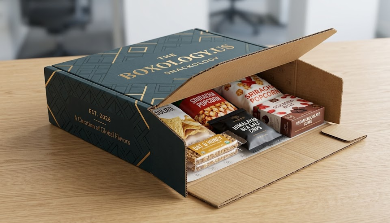 Premium custom roll-end tuck top RETT mailer box by The Boxology US filled with curated subscription snacks.