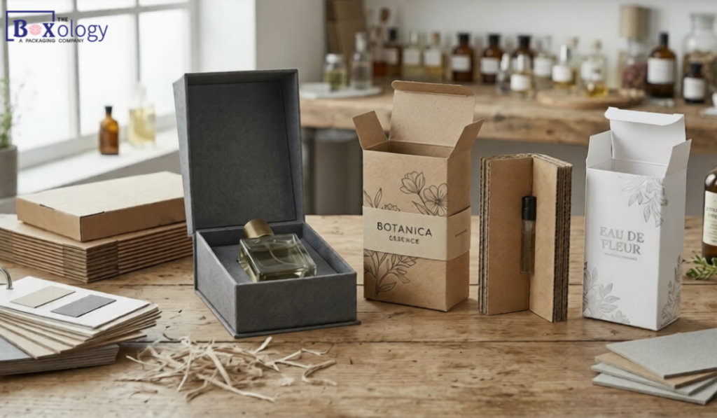 Rigid greyboard, folding carton, kraft, and corrugated materials for perfume packaging