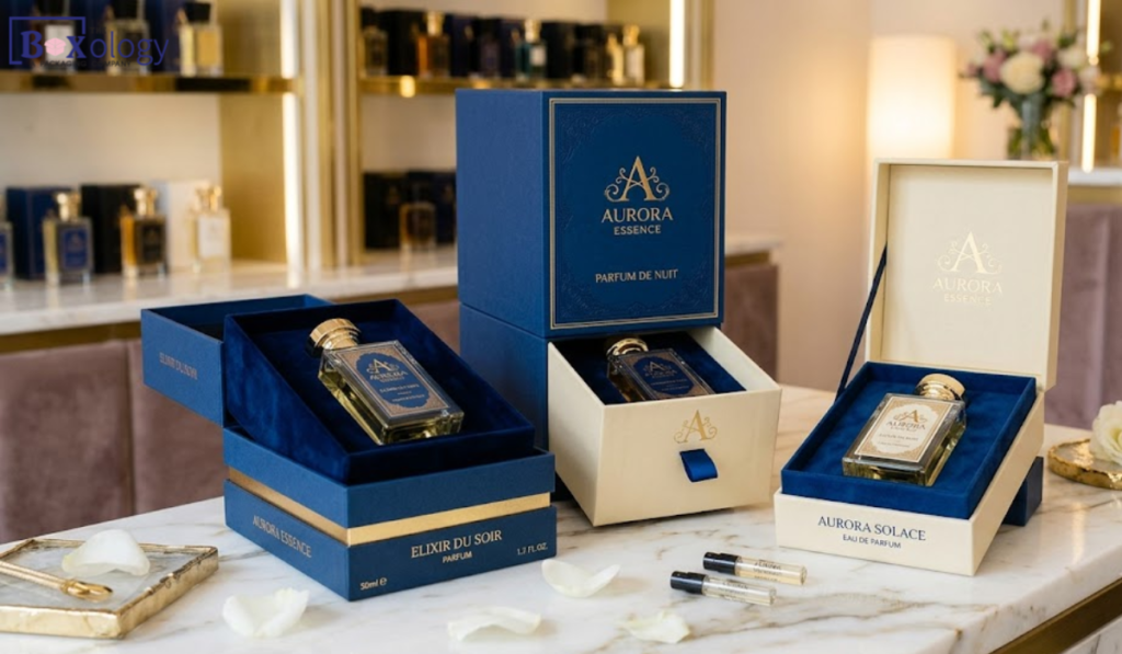 Different styles of perfume packaging boxes including rigid, drawer, and magnetic closure boxes