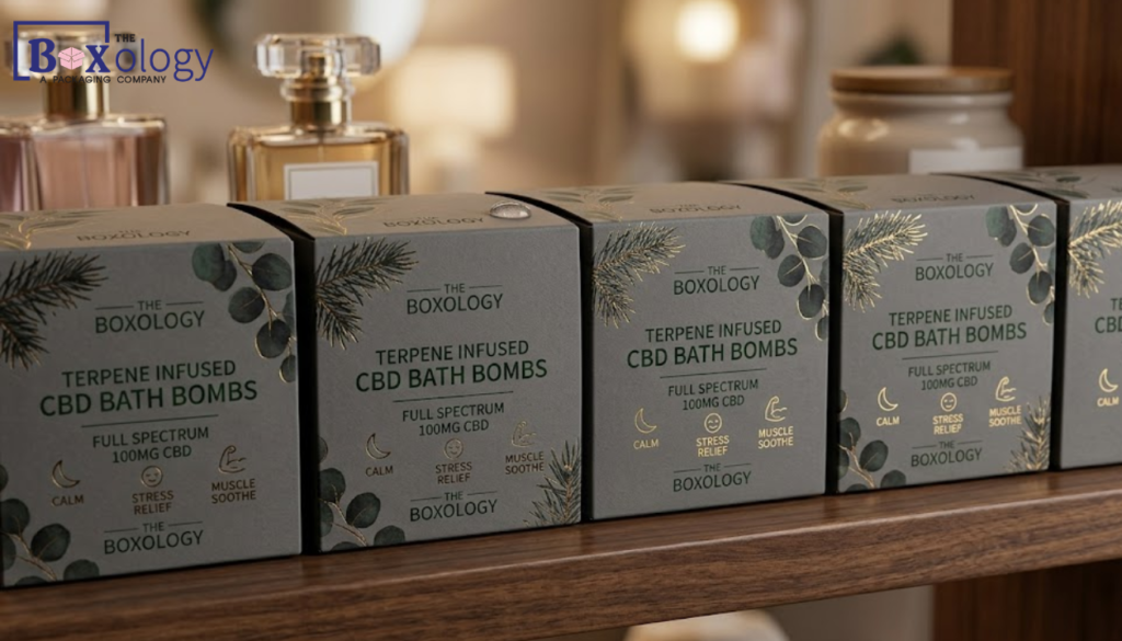 Premium matte charcoal custom CBD bath bomb boxes on retail shelf