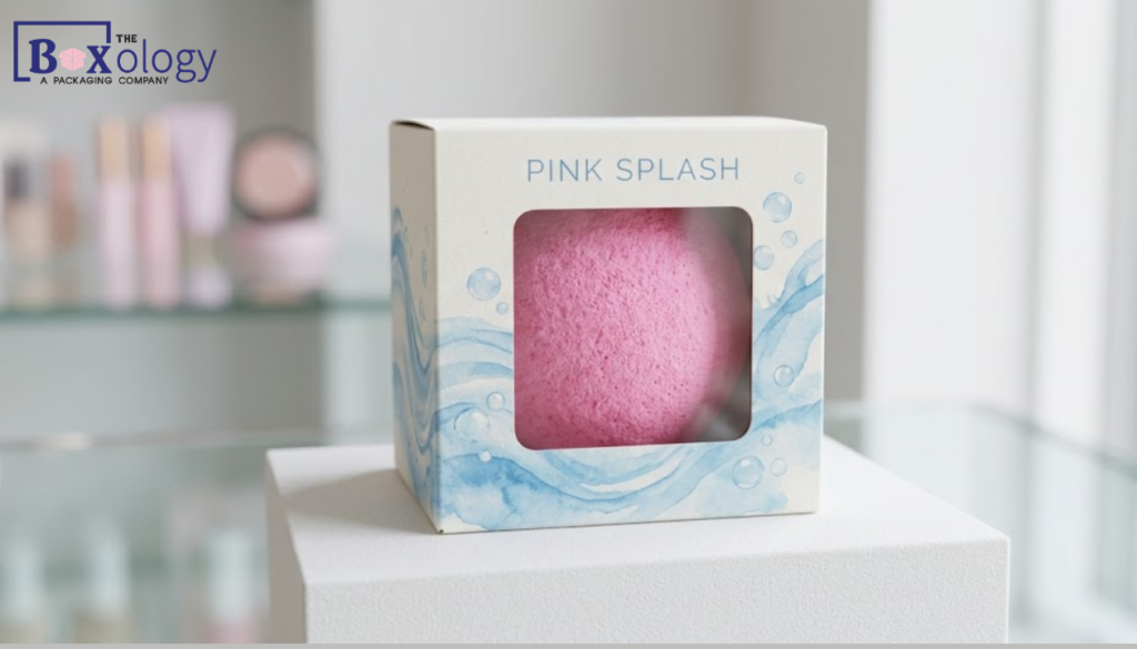 Straight tuck custom bath bomb packaging with acetate window cutout