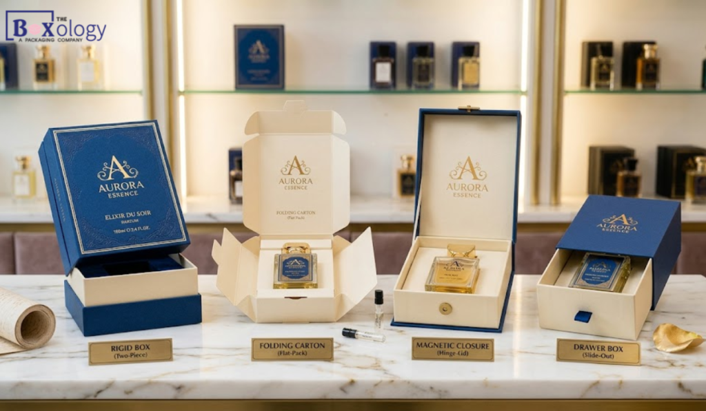 Comparison of rigid, folding carton, magnetic closure, and drawer perfume boxes
