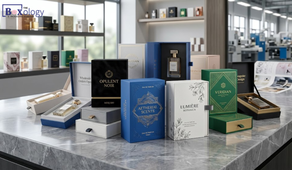Premium custom perfume boxes manufactured for wholesale fragrance brands