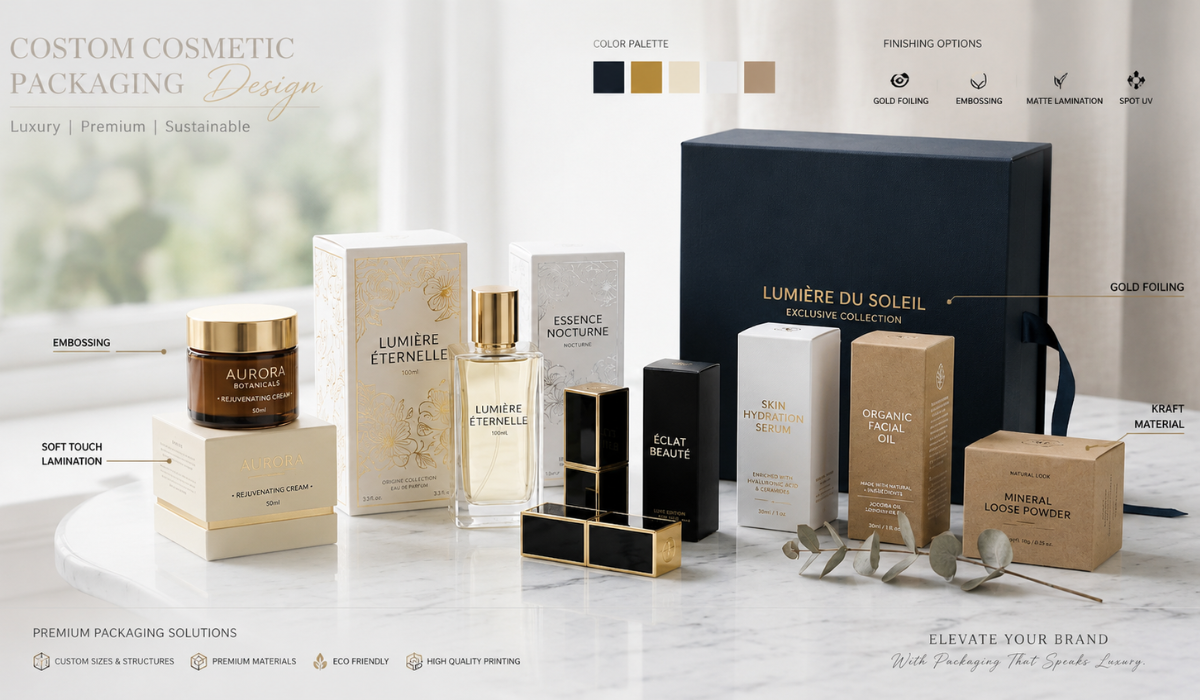 Best cosmetic packaging materials including cardboard, kraft, rigid boxes, luxury perfume packaging, skincare boxes, and premium custom cosmetic packaging.