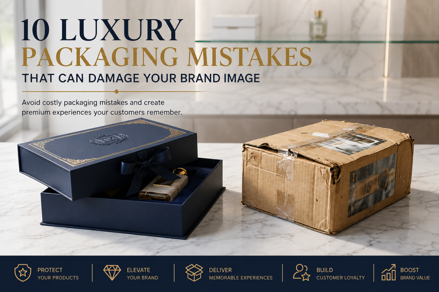 Premium luxury packaging compared with poor-quality packaging showing common luxury packaging mistakes.