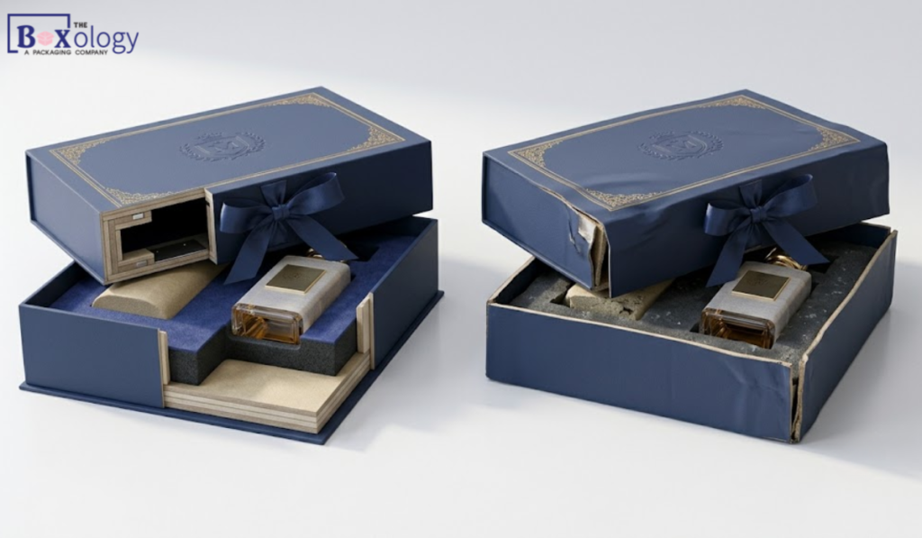 3 13 - Rigid boxes Packaging Solution Comparison of strong and weak structural design in luxury packaging.