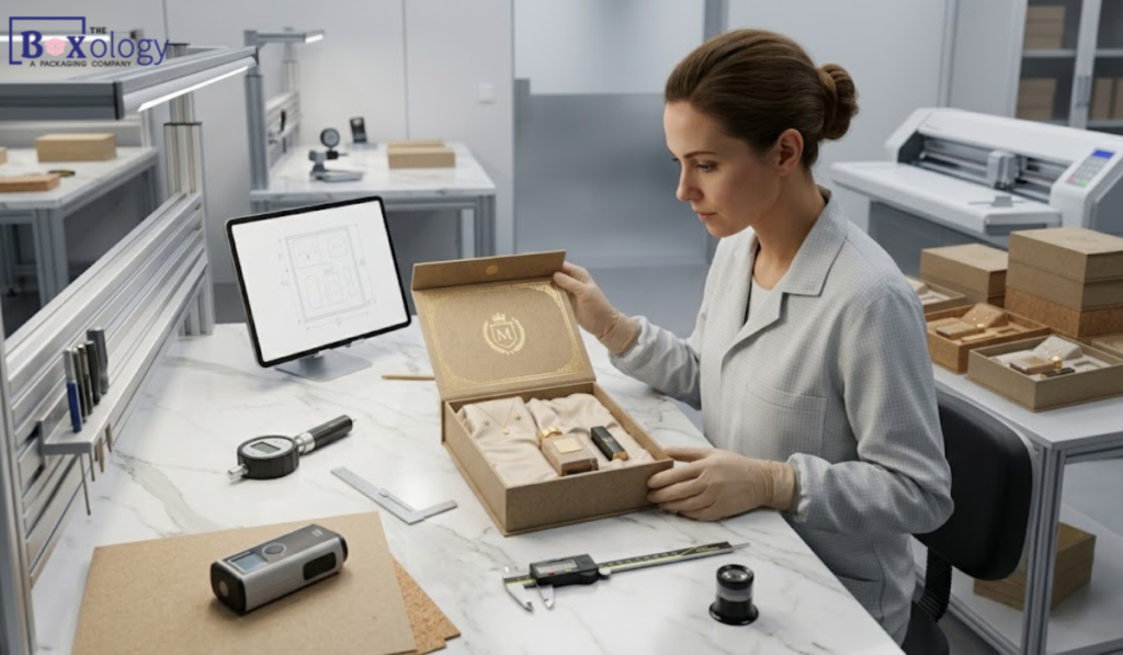 8 - Rigid boxes Packaging Solution Quality inspection of luxury packaging before mass production.