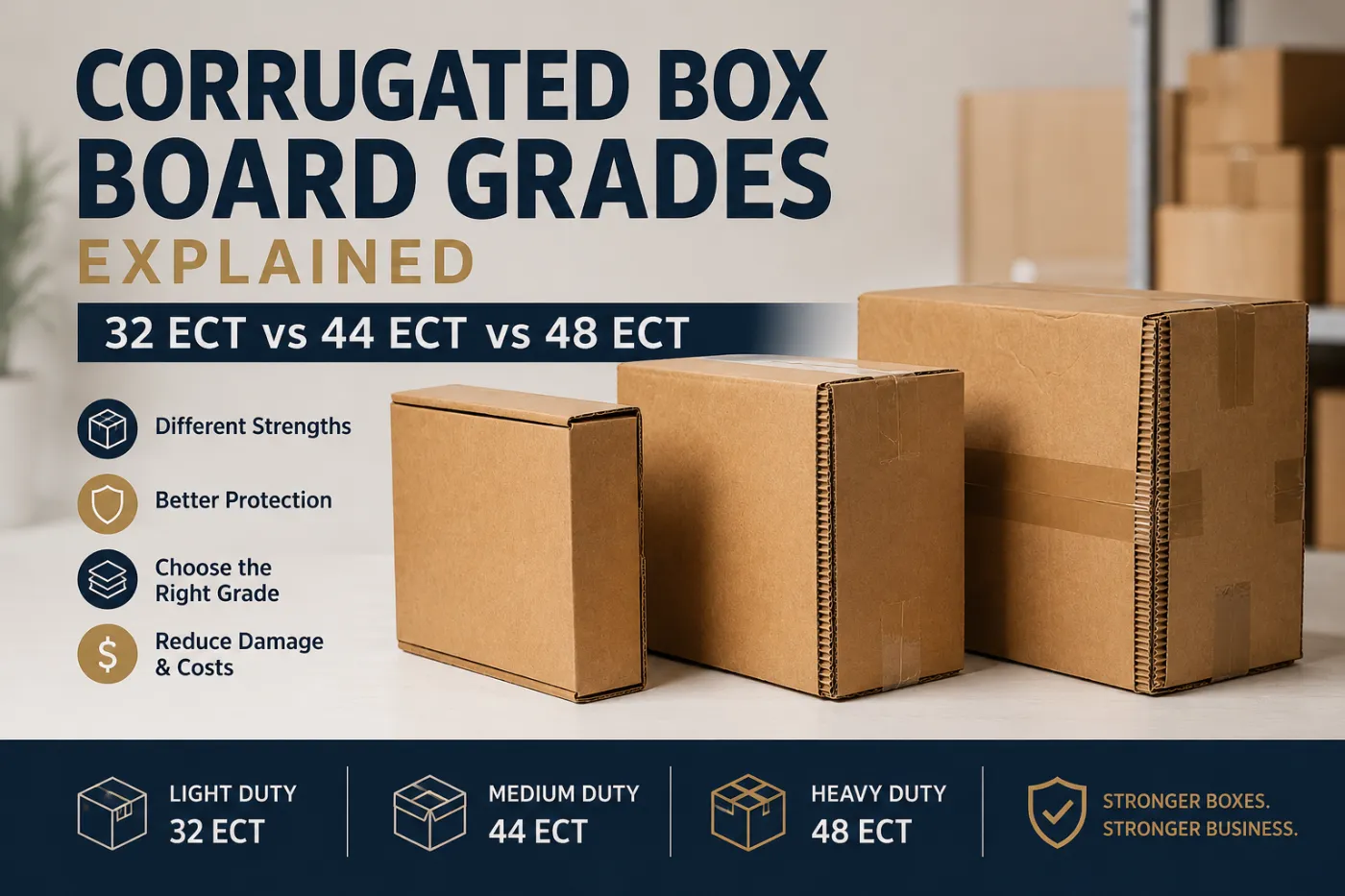 Comparison of 32 ECT, 44 ECT, and 48 ECT corrugated box board grades for shipping and packaging.