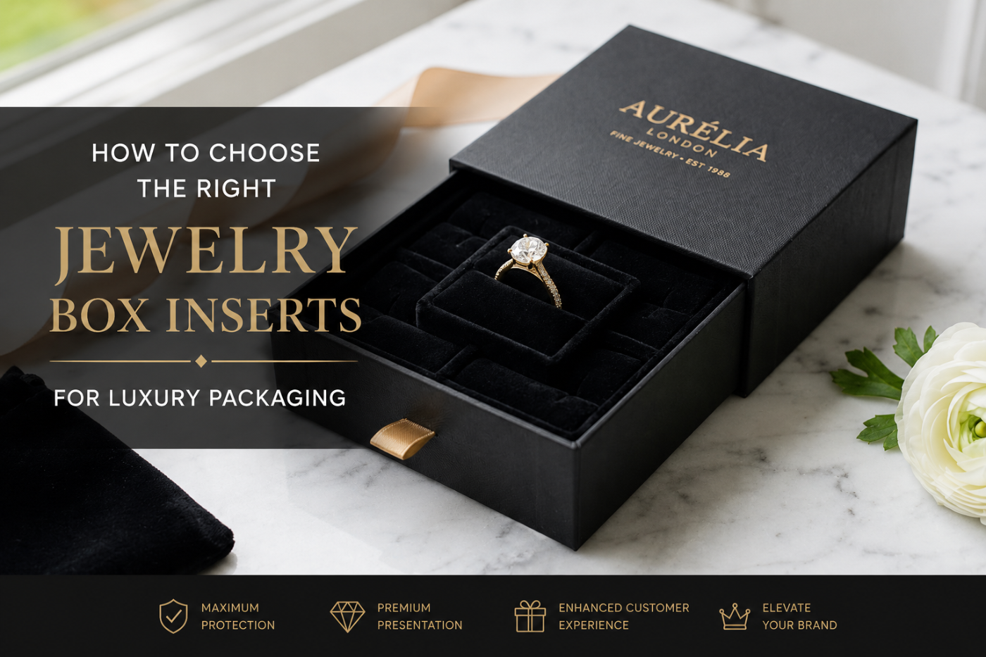 Luxury jewelry box with velvet insert holding a diamond ring and premium necklace for elegant product presentation.