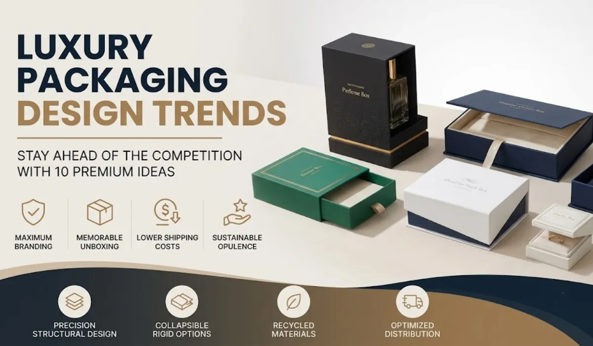 Luxury packaging design trends featuring premium rigid boxes with modern finishes