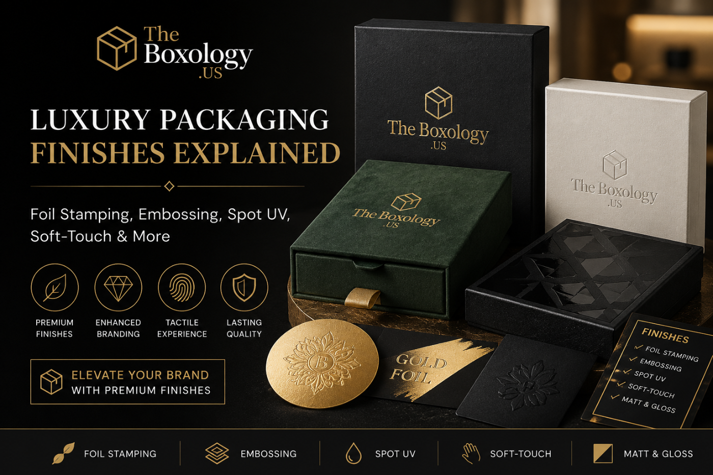 Luxury packaging finishes including foil stamping embossing and soft-touch lamination