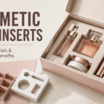 Cosmetic box inserts holding perfume, skincare, and makeup products