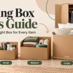 Moving box sizes guide showing small, medium and large boxes for different household items